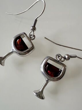 Wine Glass Dangle Earrings with Deep Red Stones